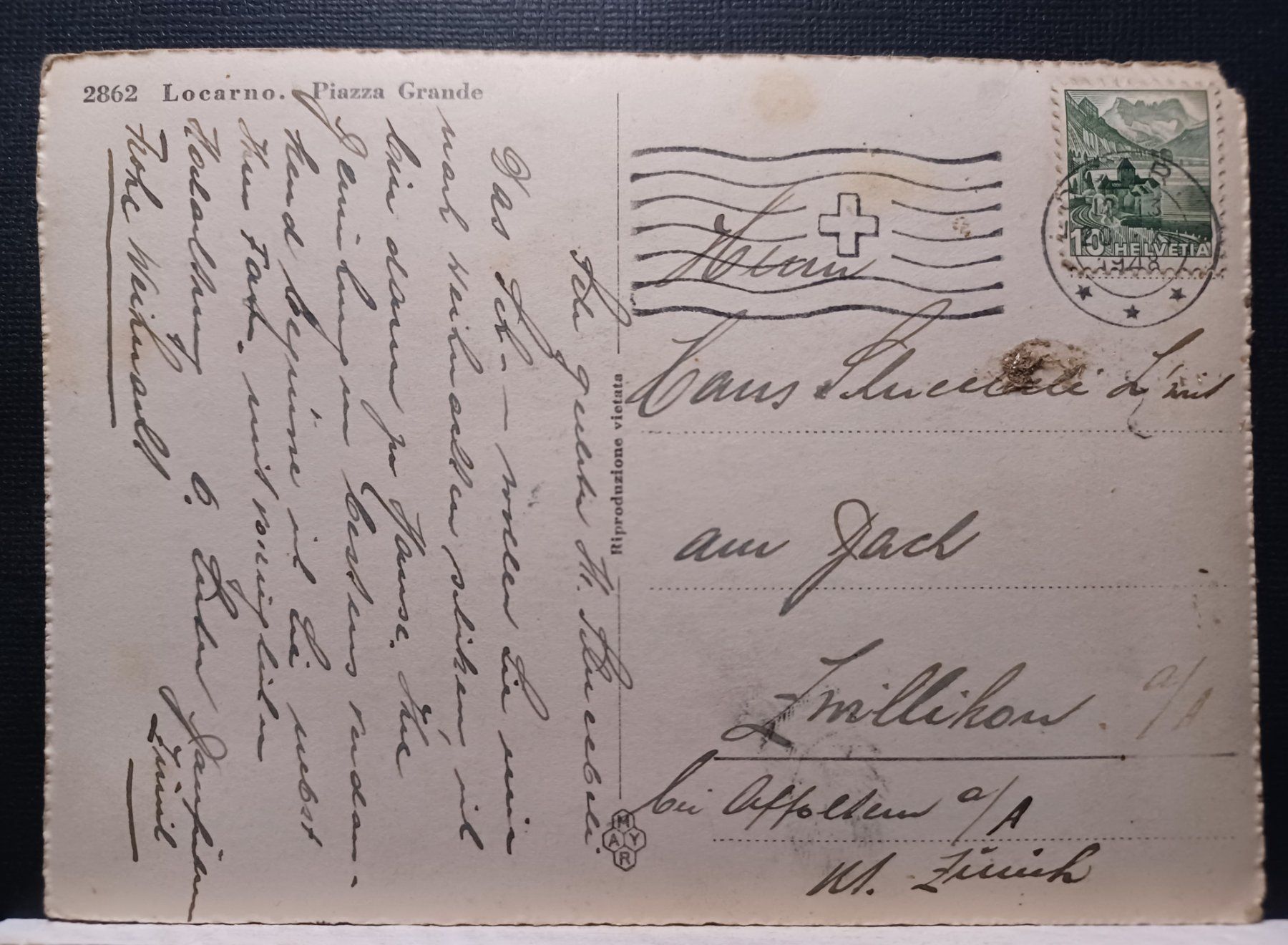 Cartoline postali: TI, Locarno Piazza Grande, 1948 – Usato da Aarau Rohr venduto da mgvw 1