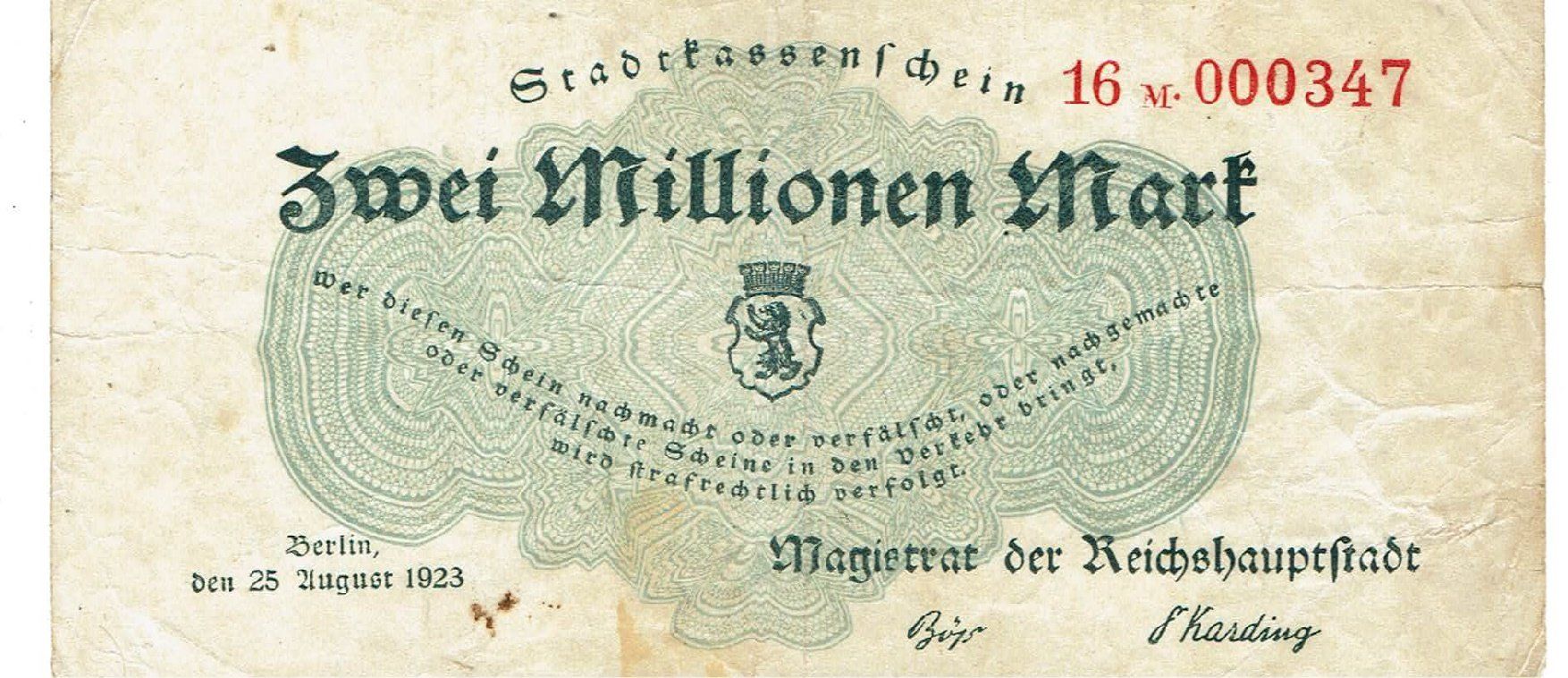 Banconote: Berlin 2 Mil.Mark 25.08.1923 SS+-SS++ – Usato da Steffisburg venduto da ber_8htf