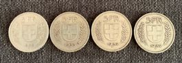 4 Schweizer 5 Franken Münzen 1932 bis 1939 gebraucht