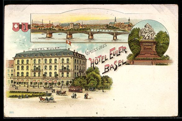 Ansichtskarten: Litho Basel, Hotel Euler, Denkmal, Brüc – Gebraucht aus Berlin von bartko-reher