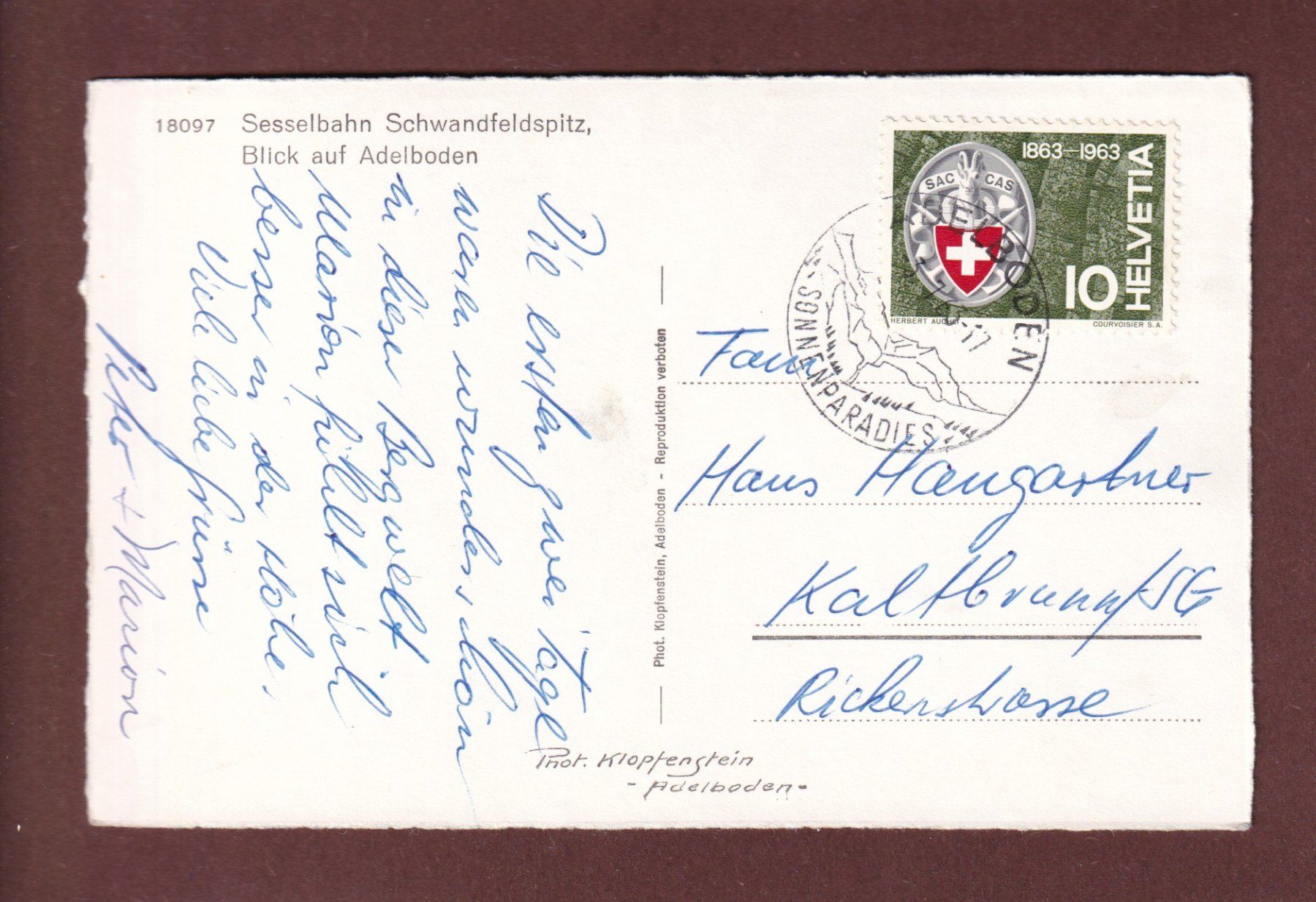 Cartoline postali: Sesselbahn SCHWANDFELDSPITZ - Adelboden - 1963 – Usato da Pully venduto da nicecards-shop 1