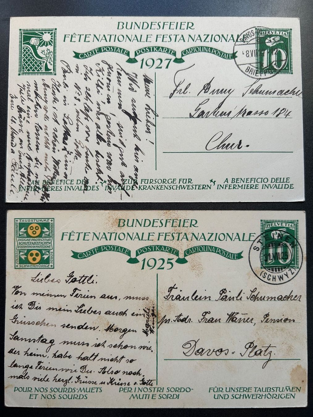 Cartoline postali: Bundesfeier Postkarte 1925 und 1927 – Usato da Untervaz venduto da buesmig