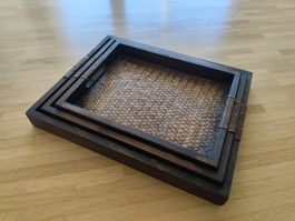 Antique Holz‑Serviertabletts, Set aus 3 Stück, braun