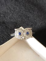 Sterling Silber 925 Ring Eule  mit blaue Steine und weise