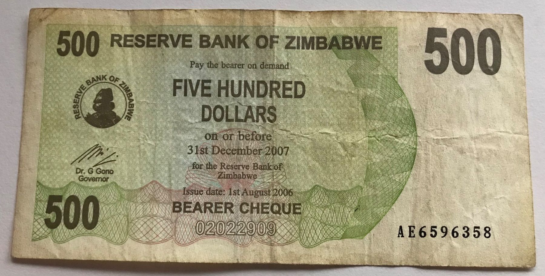 Banknoten: Zimbabwe 500 Dollars 2006 – Gebraucht aus Algetshausen von Carrhard