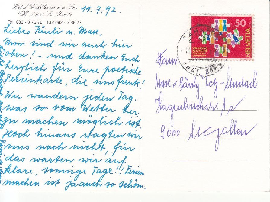 Cartoline postali: St. Moritz Waldhaus 1992 – Usato da Bürglen TG venduto da StampGraf 1