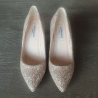 🐸 L.K. BENNETT PUMPS 36 8 cm Spitzenbezug beige-gold silber