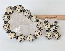 Dalmatiner Jaspis Set: Armband & Ohrhänger Silber 925 Unikat