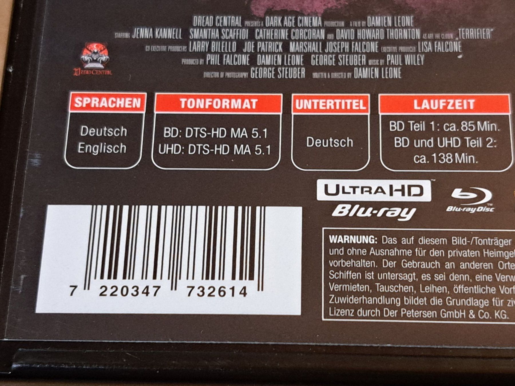 Tutti i DVDs: 4K Ultra HD TERRIFIER 1 und 2, Boxset mit 3 Discs – Nuovo (secondo la descrizione) da Unterseen venduto da Kanica 5