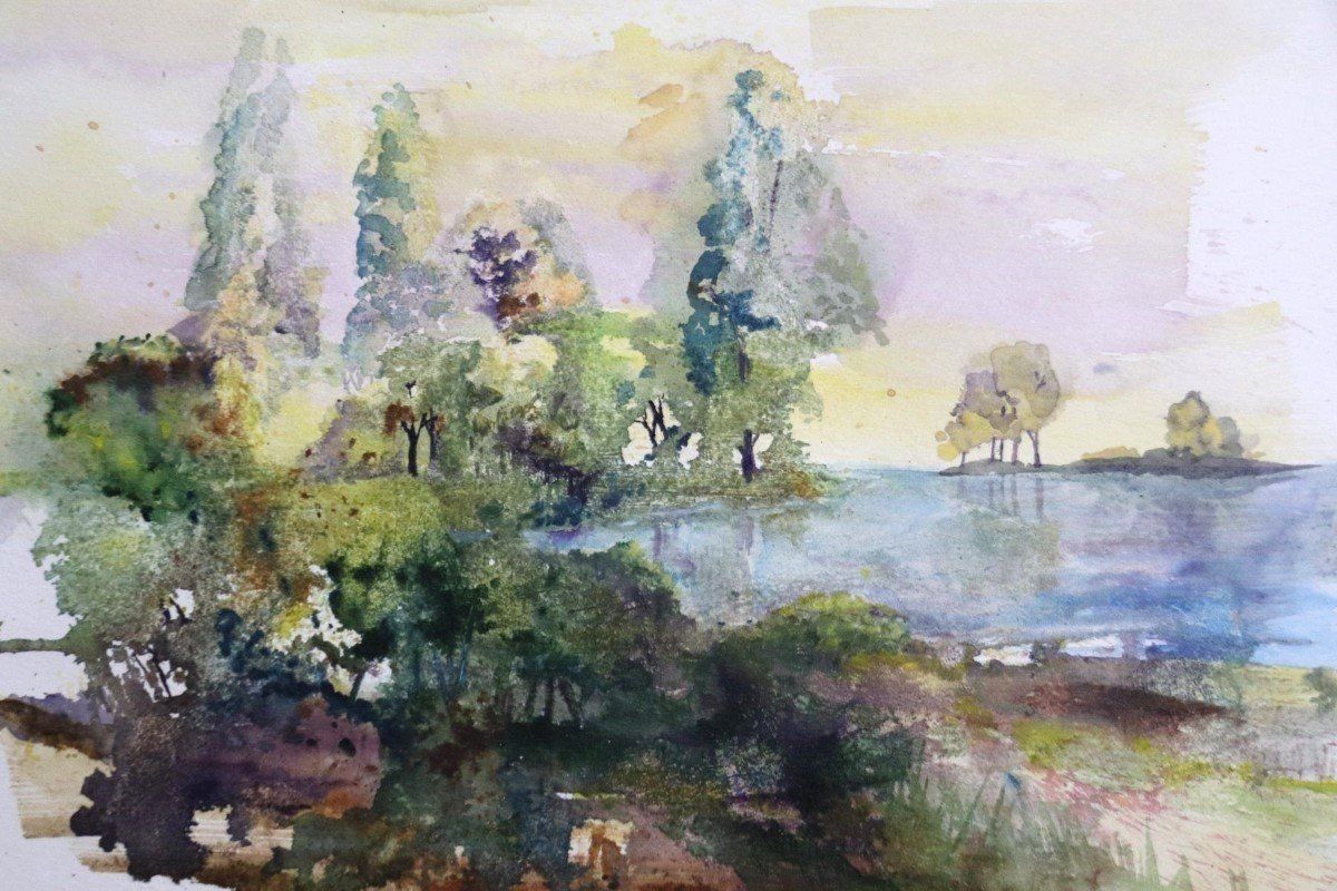 Dipinti: Melitta Progsch, Mischtechnik/Papier, Seeufer im Herbst – Usato da Zug venduto da Kunst-Fundgrube 2