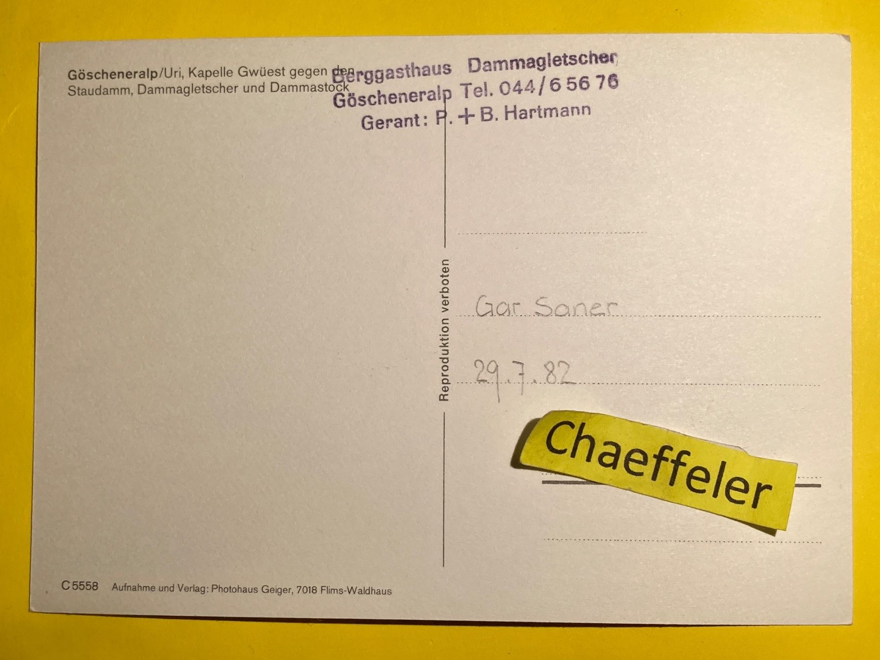 Cartoline postali: 1982 Glscheneralp / Uri – Usato da Zürich venduto da Chaeffeler 1