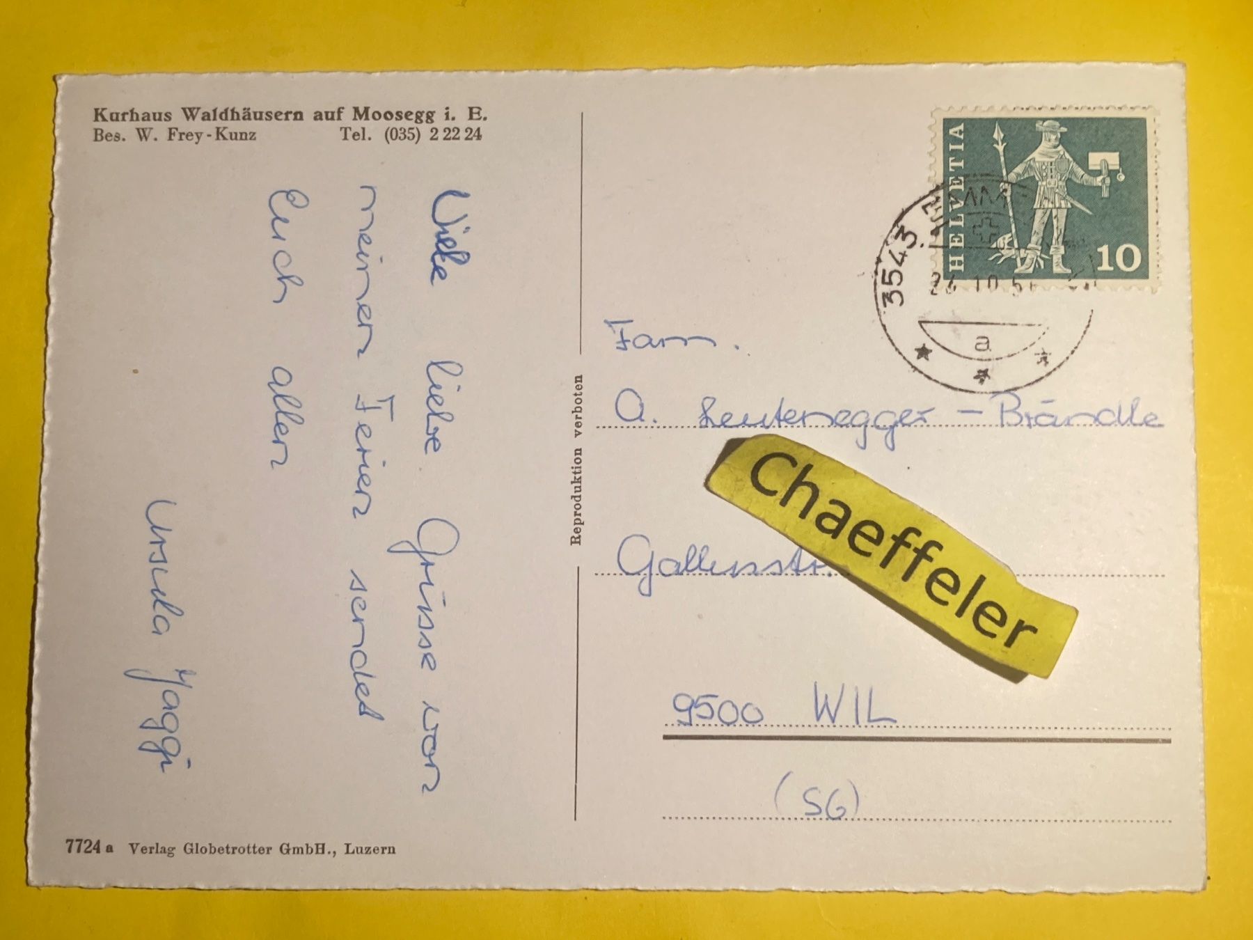 Ansichtskarten: Kurhaus Waldhäusern auf Moosegg i. E. – Gebraucht aus Zürich von Chaeffeler 1