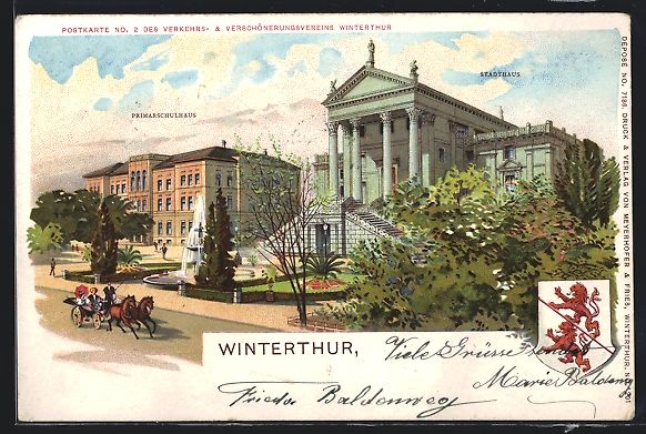 Cartoline postali: Litho Winterthur, Primarschulhaus nebst  – Usato da Berlin venduto da bartko-reher