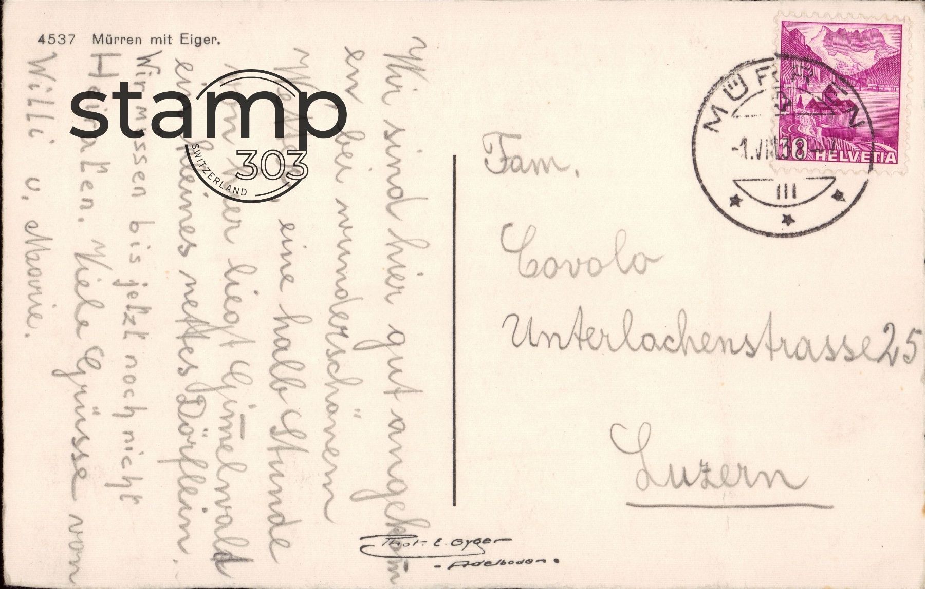 Cartoline postali: 1938 AK Mürren mit Eiger – Usato da Eggersriet venduto da stamp303 1