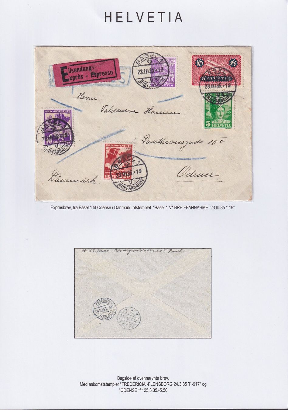 Tutti i francobolli: 1935, Flugbrief nach Dänemark (ODEUSE) +EXPRESS – Usato da Sursee venduto da Luzernerraute