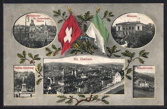 Cartoline postali: St. Gallen, Museum, Scheffelstein, Stift – Usato da Berlin venduto da bartko-reher