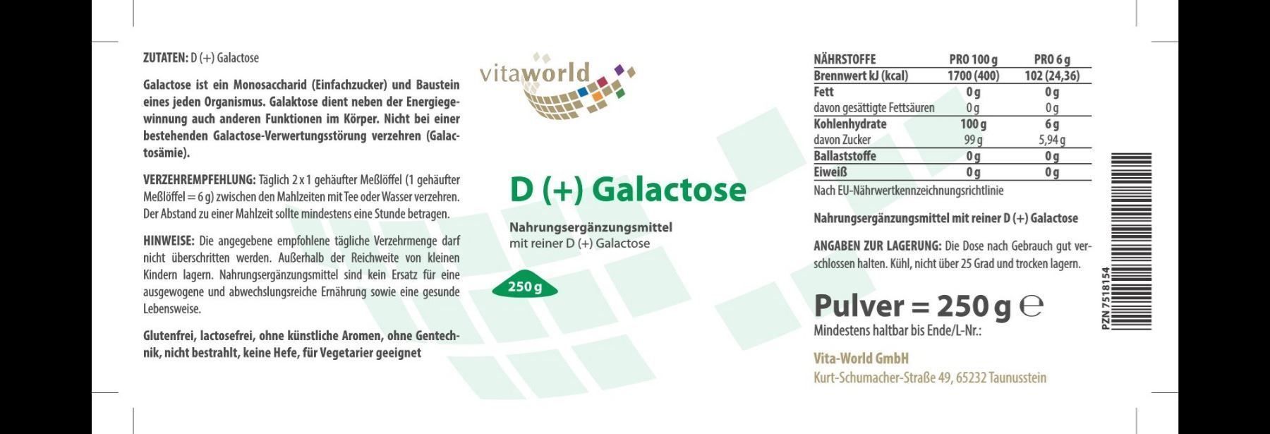 Alimentazione, Vitamine & Minerali: Vita World D(+) Galactose Pulver 250g – Nuovo e nell'imballaggio originale da Tiefenbach venduto da nhp-bedarf 1