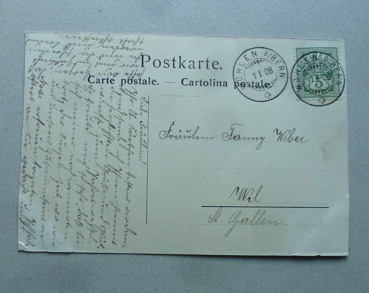Ansichtskarten: Ansichtskarte aus Wohlen BE, 1908 – Gebraucht aus Walkringen von Casablanca777 1