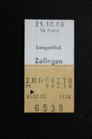SBB - Billett Langenthal-Zofingen 21.10.1989