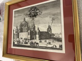 Antiker Kupferstich Schloss, 1750 gerahmt Holzrahmen