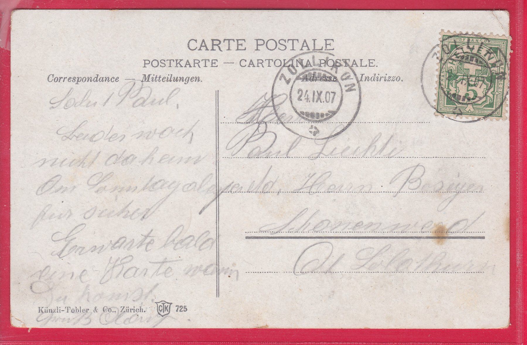 Cartoline postali: ZÜRICH - KREUZKIRCHE, 24.9.1907 – Usato da Oberrieden venduto da Gebirgsstelze 1