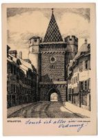 Basel, Spalentor, Federzeichnung Herm. Boller, gelaufen 1957