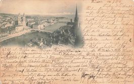 Zürich (ZH) Panorama mit Grossmünster und Limmat 1899