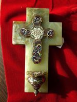 altes Kreuz  mit Weihwasser :  ONYX - Cloisonné - Messing