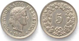 EIDGENOSSENSCHAFT 5 Rappen 1944 Ku-Ni ERHALTUNG! unz