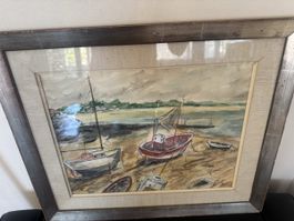 Aquarell  Keller Boote am Ufer gerahmt guter Zustand