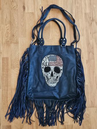 Tasche Damen Blau mit Totenkopf und Fransen neu