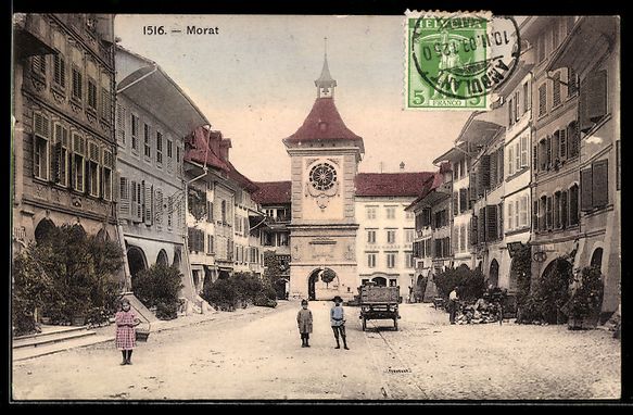 Cartoline postali: AK Morat, Strasse mit Uhrturm – Usato da Berlin venduto da bartko-reher