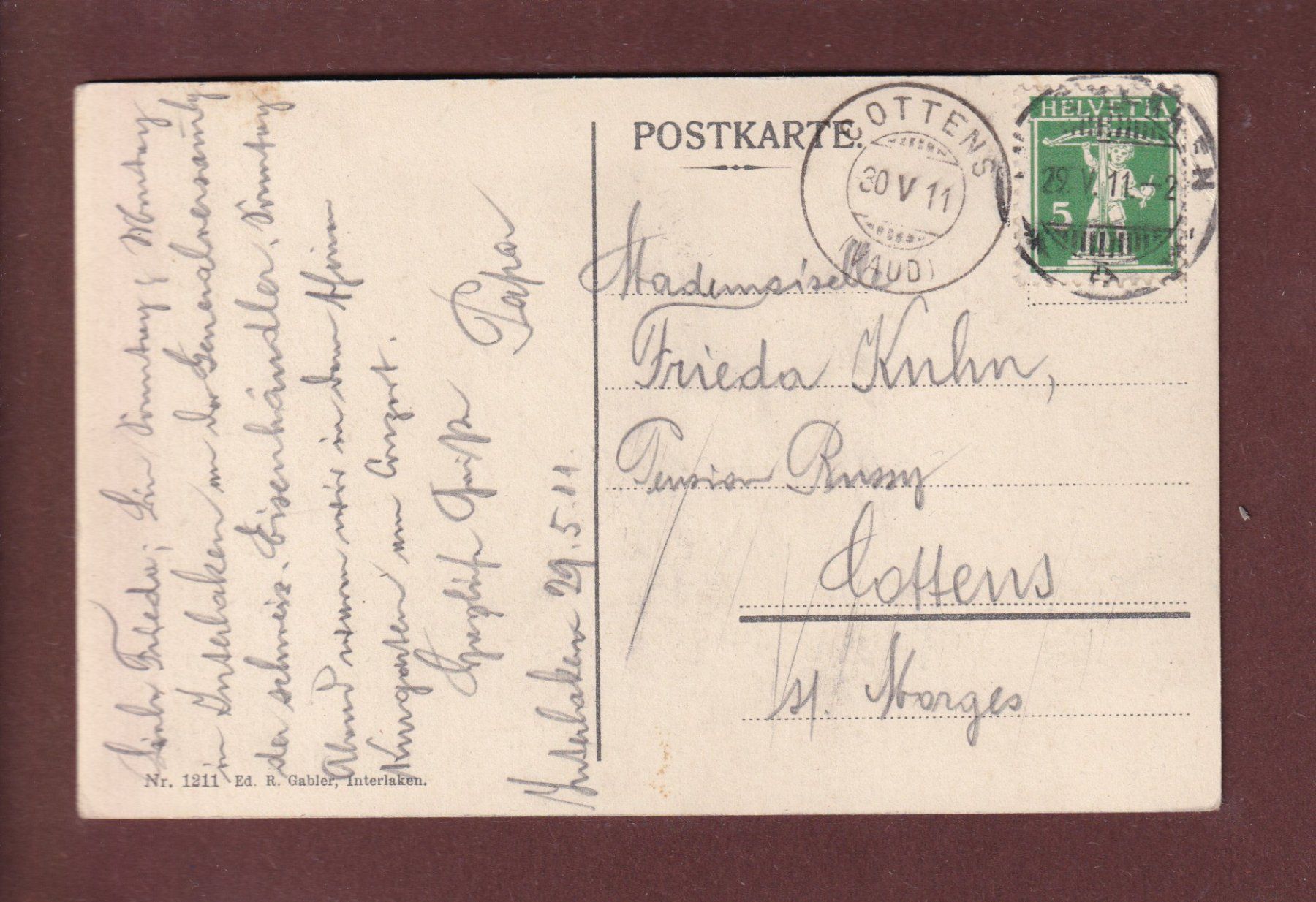 Cartoline postali: INTERLAKEN - Kurgarten - 1911 – Usato da Pully venduto da nicecards 1