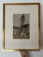 Antike Radierung, handkoloriert, Kirche St.Peter, Zürich