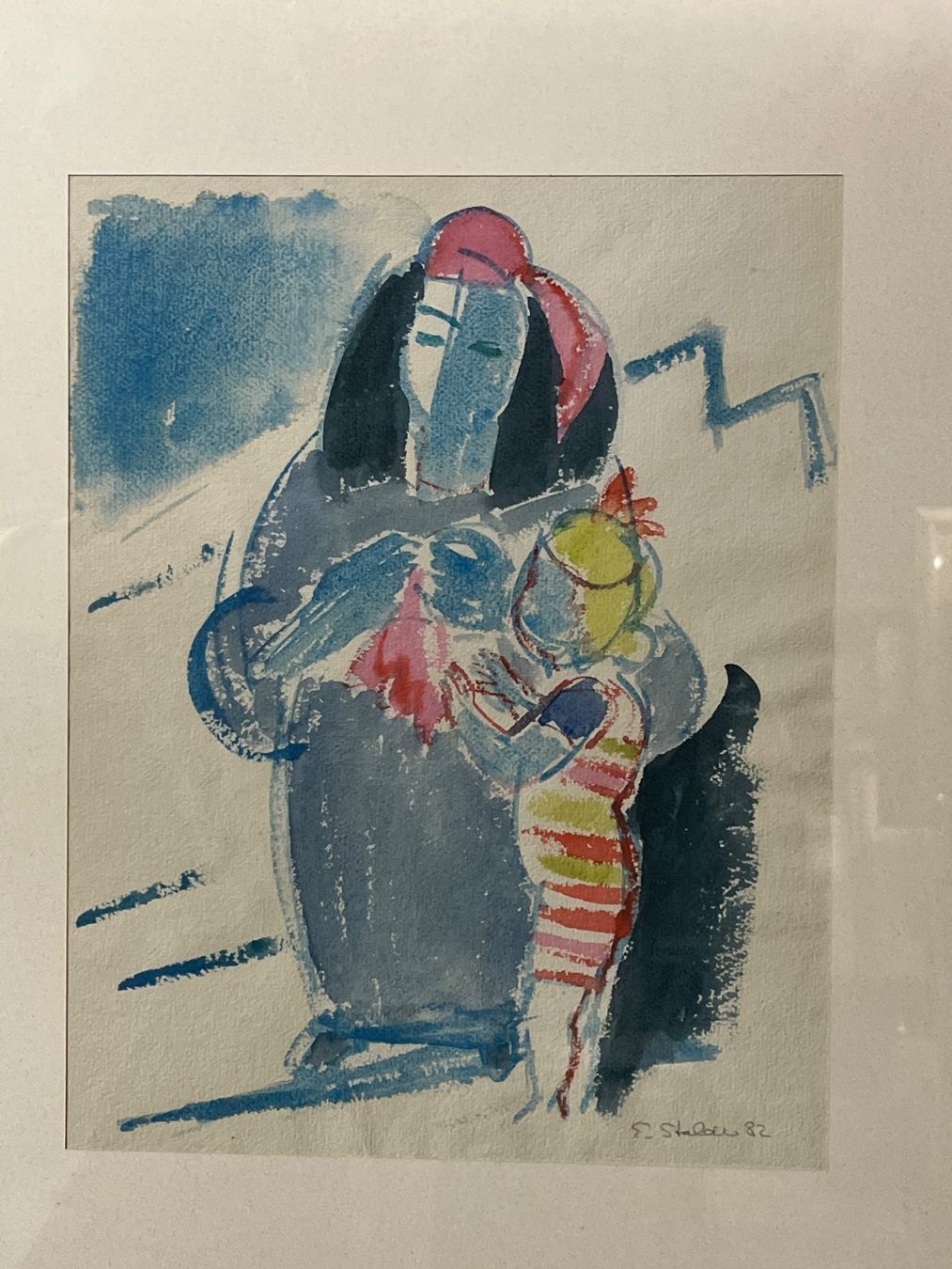 Gemälde: Abstrakte Mutter und Kind Aquarellmalerei, 1982 – Gebraucht aus Basel von PAUL_ART 2