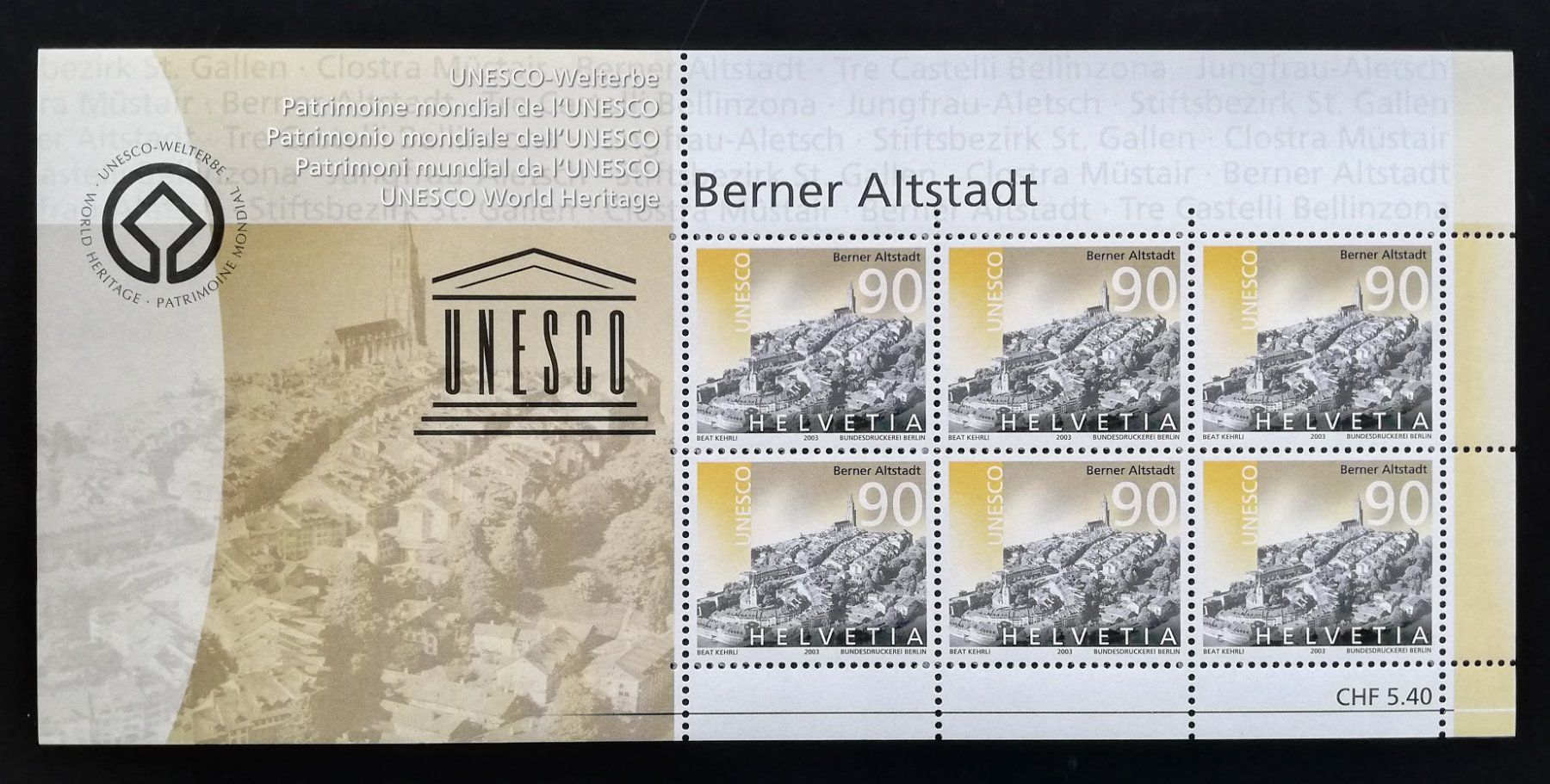 Tutti i francobolli: Kleinbogen UNESCO-Welterbe Berner Altstadt 2003, postfrisch – Nuovo (secondo la descrizione) da Gümligen venduto da Fairseriver