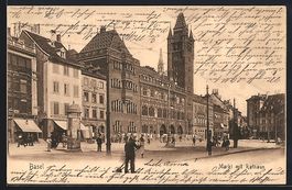 AK Basel, Markt mit Rathaus, 1905