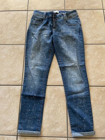 Damen Jeans blau mit silbrigen Farbspritzern, guter Zustand