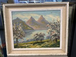 Tableau Peinture Huile Paysage Montagne huile panneau signée
