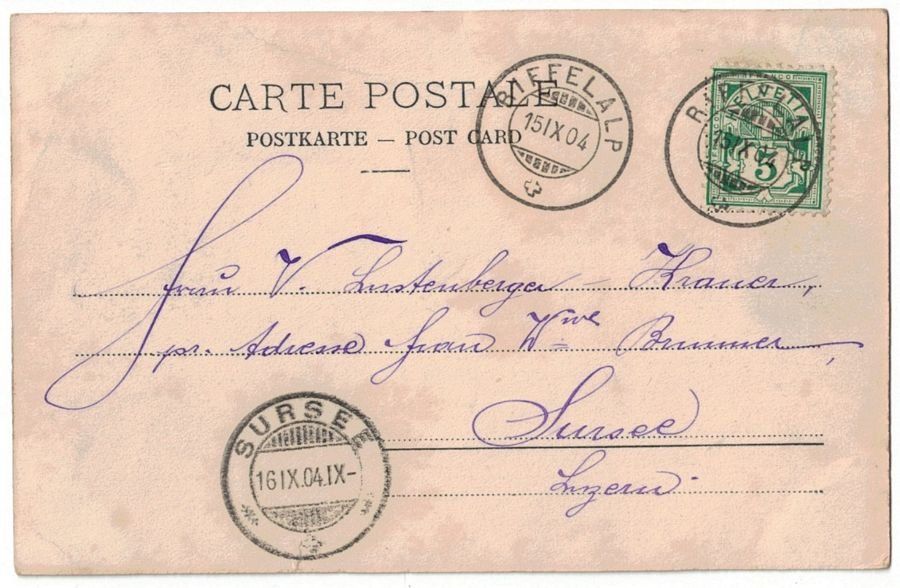 Cartoline postali: Ryffelalp et le Weisshorn, circulée 1904 – Usato da Frauenfeld venduto da POML 1