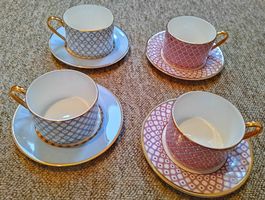4 Lomonosov Porzellan Set Tee-/Untertassen Rosa & Blau 250ml