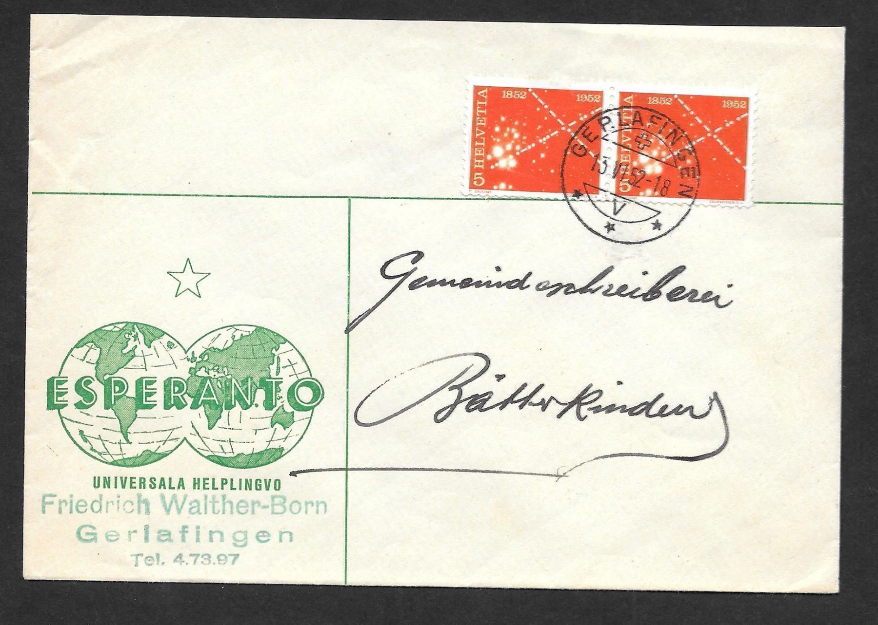 Alle Briefmarken: Gerlafingen illustrierter Brief Esperanto 13.6.1952 – Gebraucht aus Olten von clotaldi