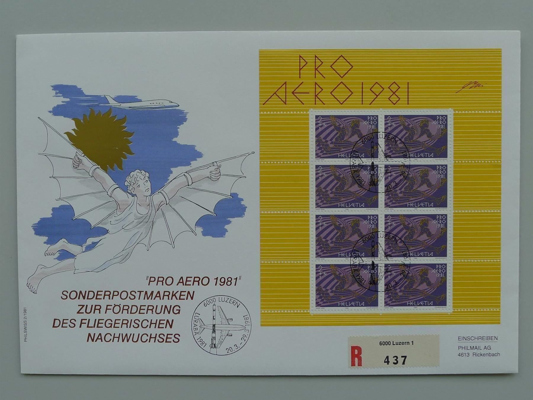 Tutti i francobolli: 1981: FO48 Pro Aero Kleinbogen auf Brief von LUZERN. – Usato da Sursee venduto da Luzernerraute