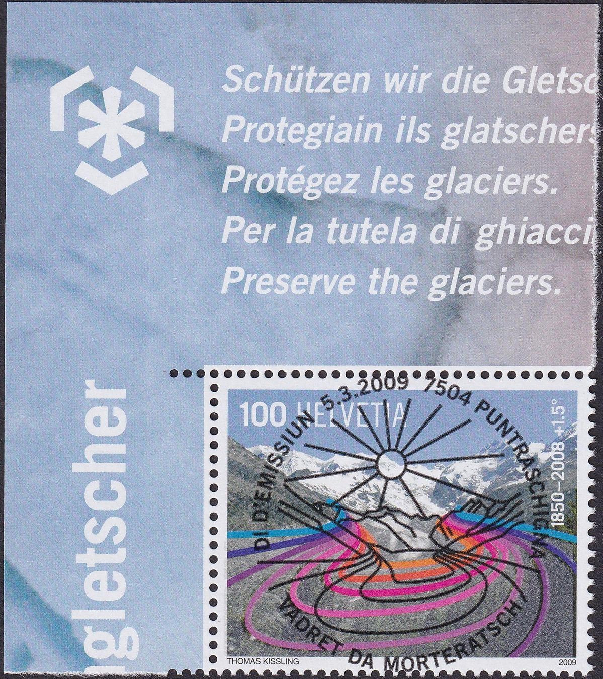 Tutti i francobolli: 2009, Nr.1300 "Gletscher" mit Ersttags-Voll-Stempel +ECKTABS – Usato da Sursee venduto da Luzernerraute