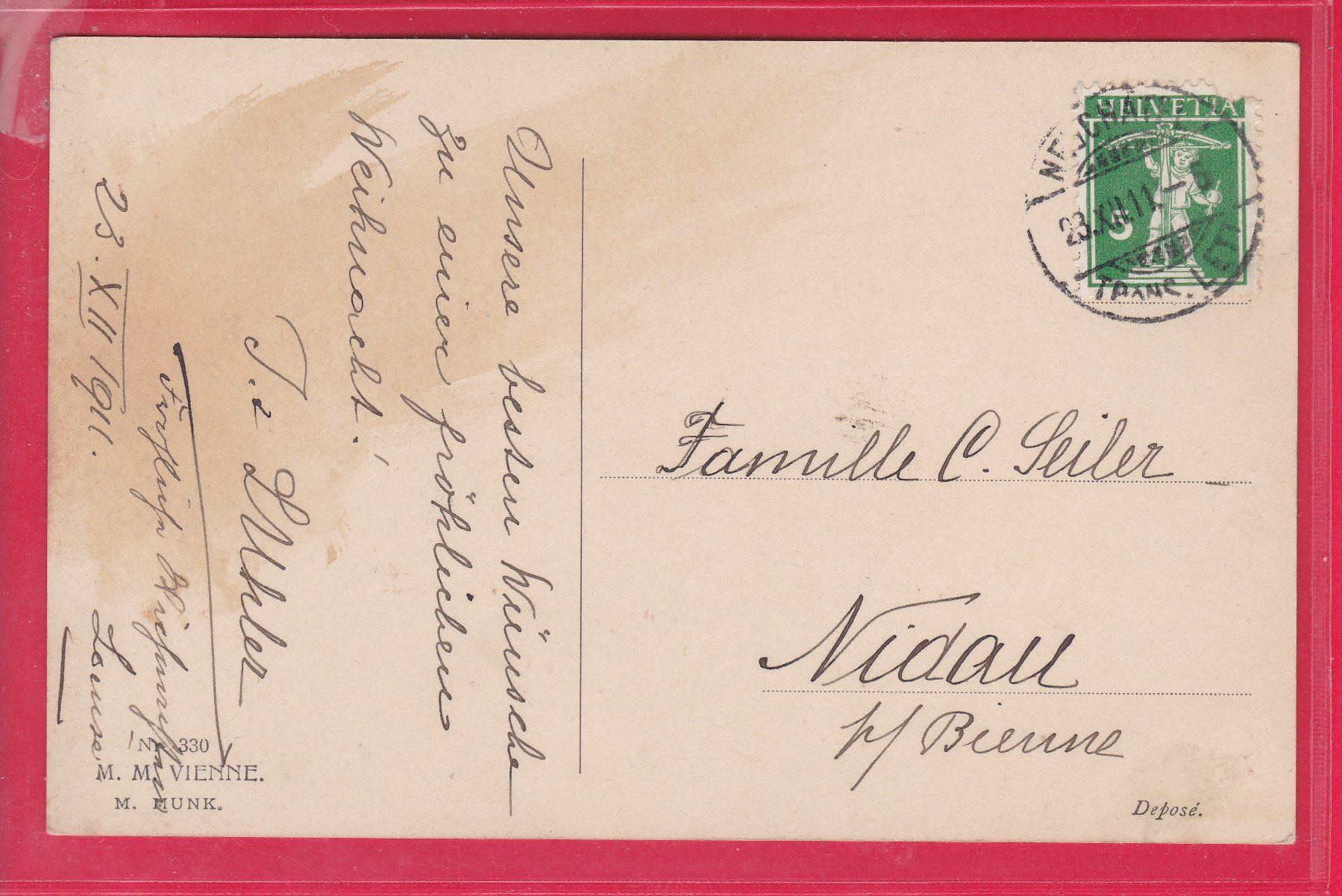 Cartoline postali: JOYEUX NOEL!, 23.12.1911 – Usato da Oberrieden venduto da Gebirgsstelze 1