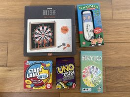 Spiele-Set: Magnet-Dartscheibe, Uno Flip, SKYJO, Schweinerei