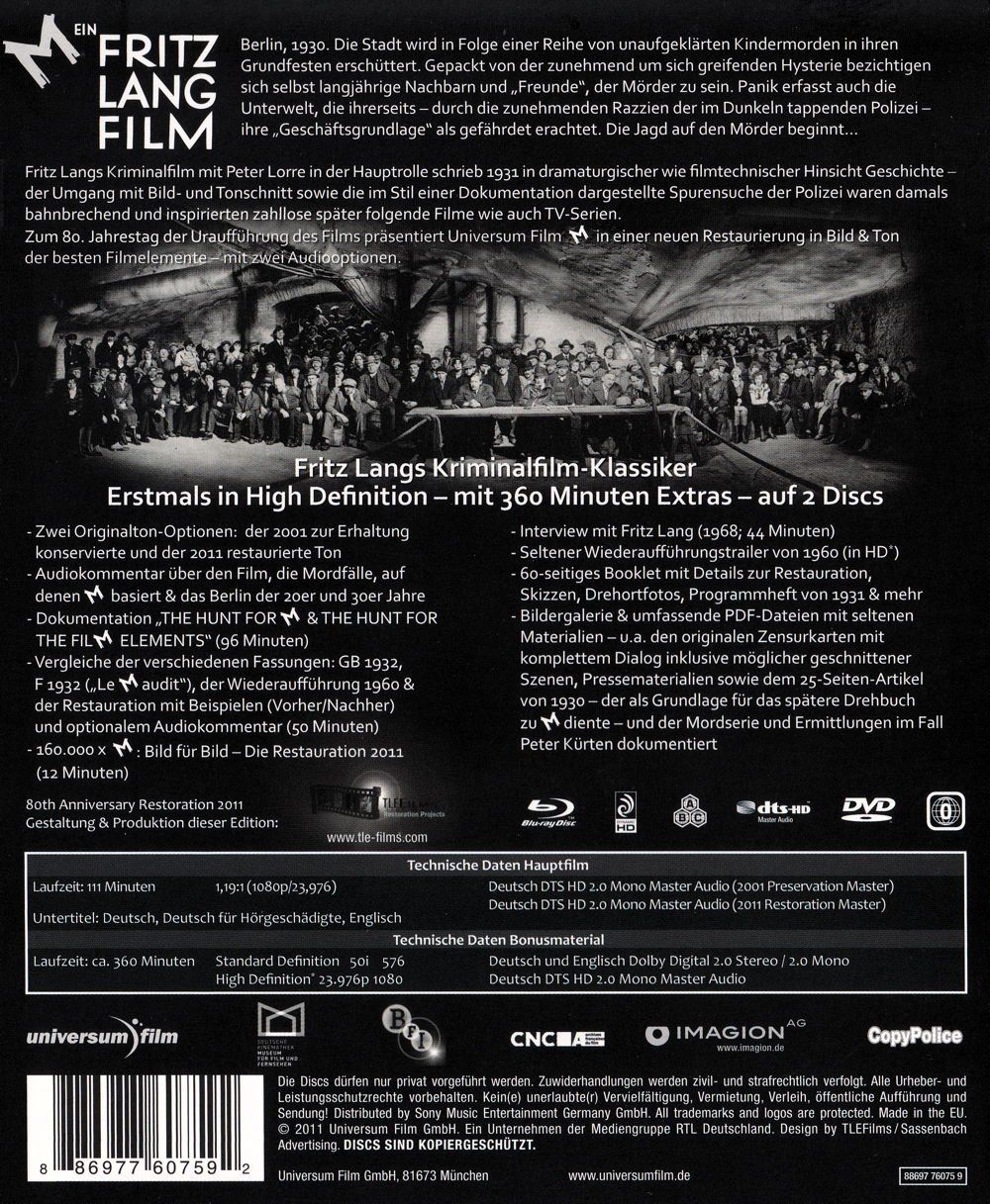 Tutti i DVDs: M - Eine Stadt sucht einen Mörder [Blu-ray] – Usato da Bitsch venduto da Melando 1