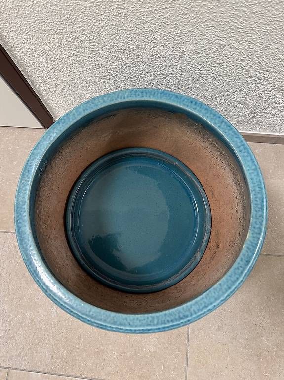 Vasi per fiori: Hellblauer geprägter Floral Keramik-Übertopf – Nuovo (secondo la descrizione) da Schübelbach venduto da Rahnmont 2