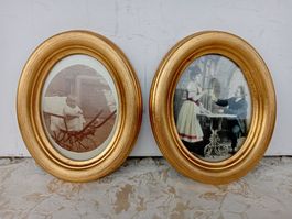 2 er Set goldene Ovale Holz Bilderrahmen mit alten Karten