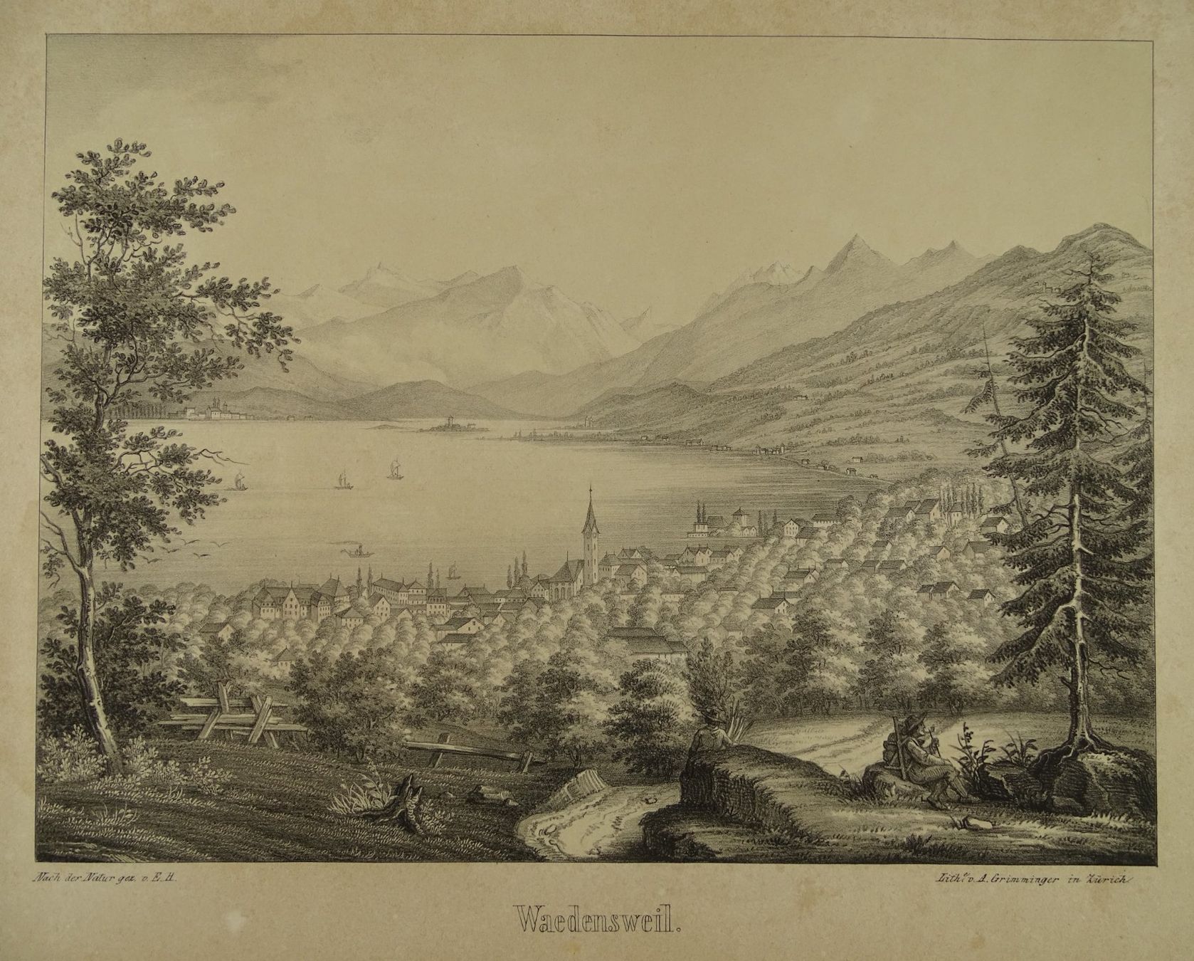 Incisioni: WÄDENSWIL, LITHOGRAPHIE UM 1850 – Usato da Grüningen venduto da Kartensammler